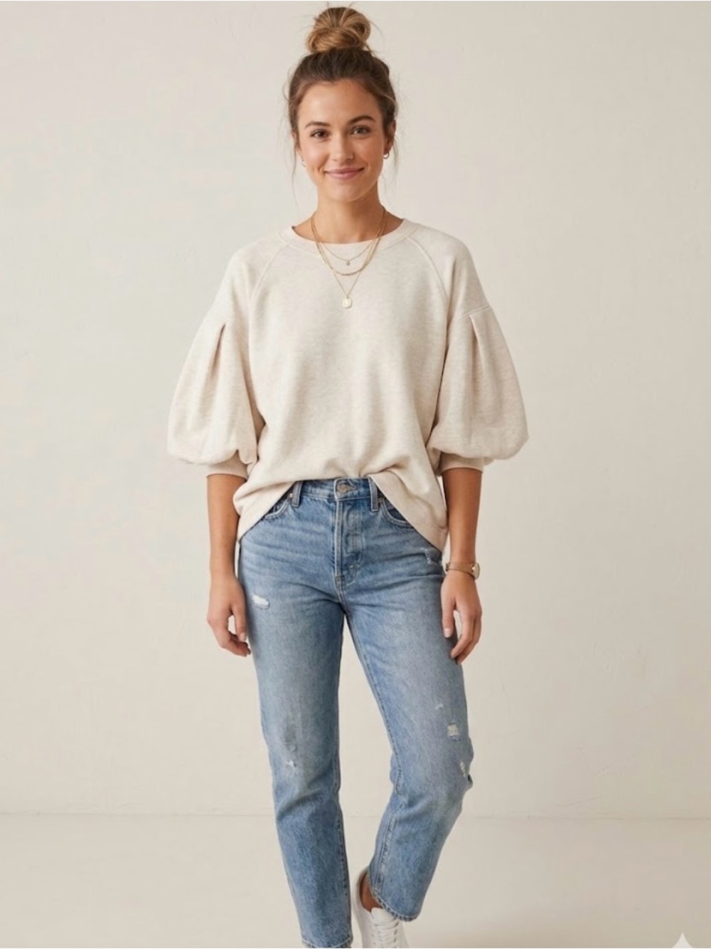 Madewell Cream Crewneck Sweatshirt with Ribbed Trim
